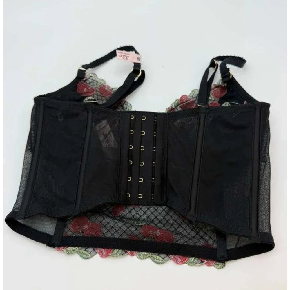 Victoria's Secret Cherry Corset Bra Black Mesh‎ 32DD Bustier Lingerie New